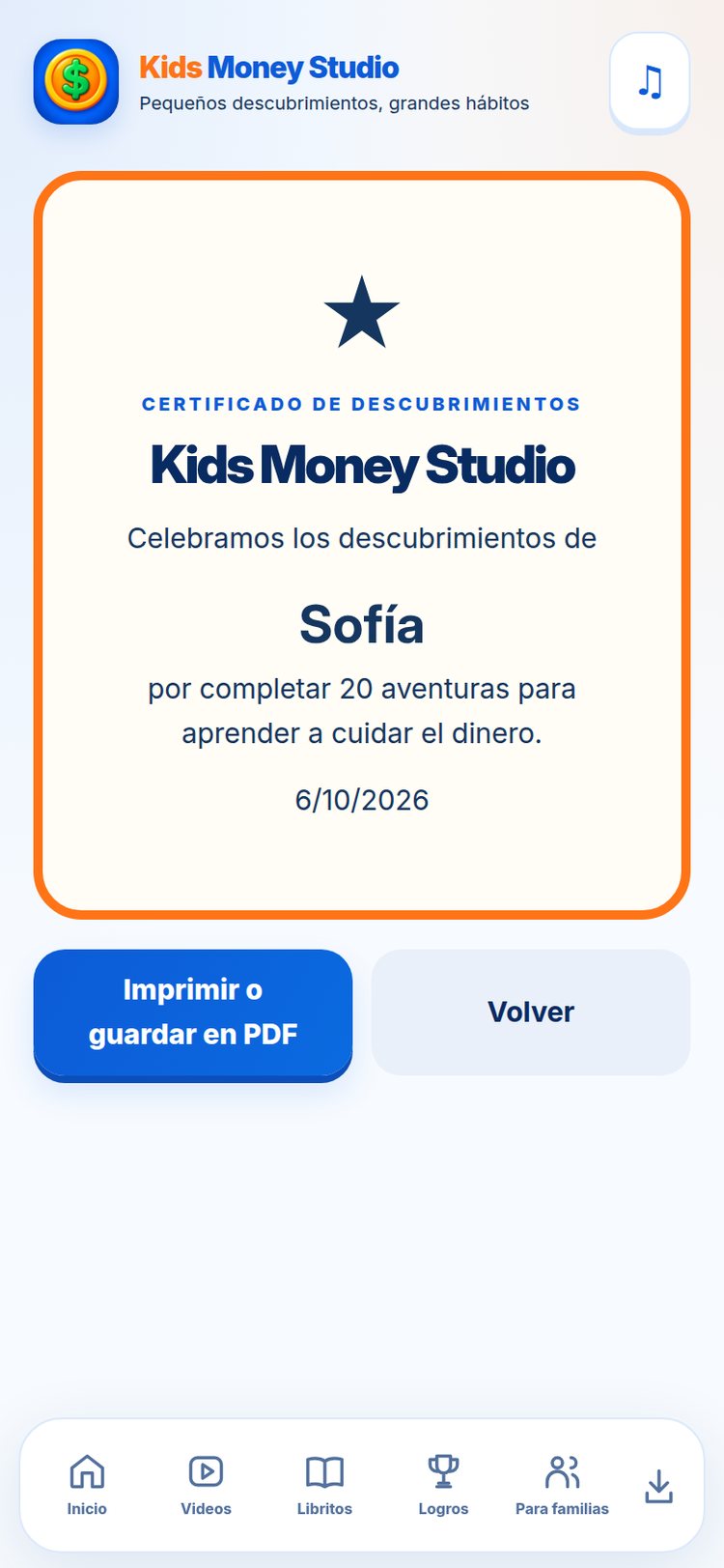 Logros y certificado — pantalla de la aplicación