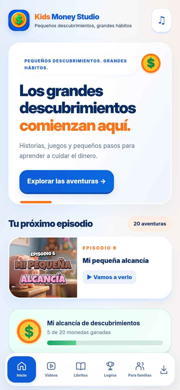 Conoce el Kids Money Studio — pantalla real de la aplicación