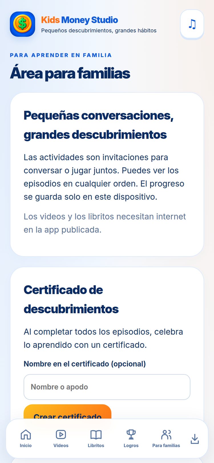 Área para familias — pantalla de la aplicación