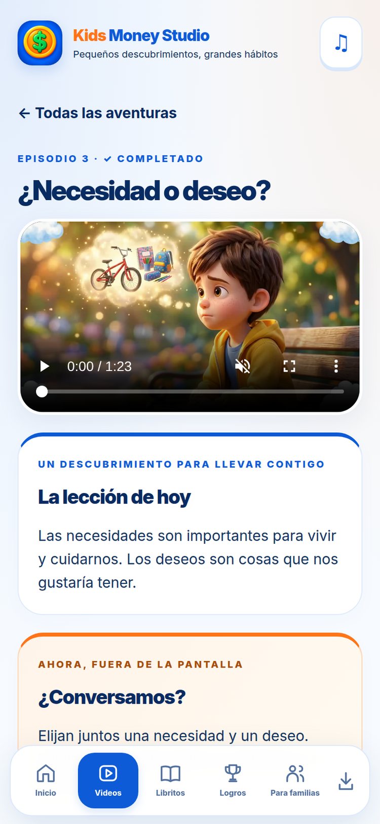 Episodios animados en 3D — pantalla de la aplicación