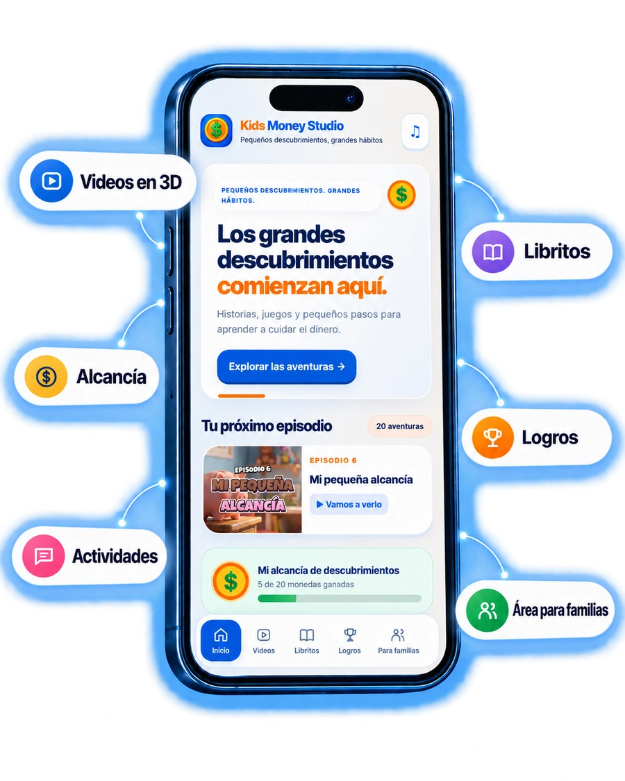 Aplicación Kids Money Studio en el celular con videos en 3D, libritos, alcancía, logros, actividades y área para familias